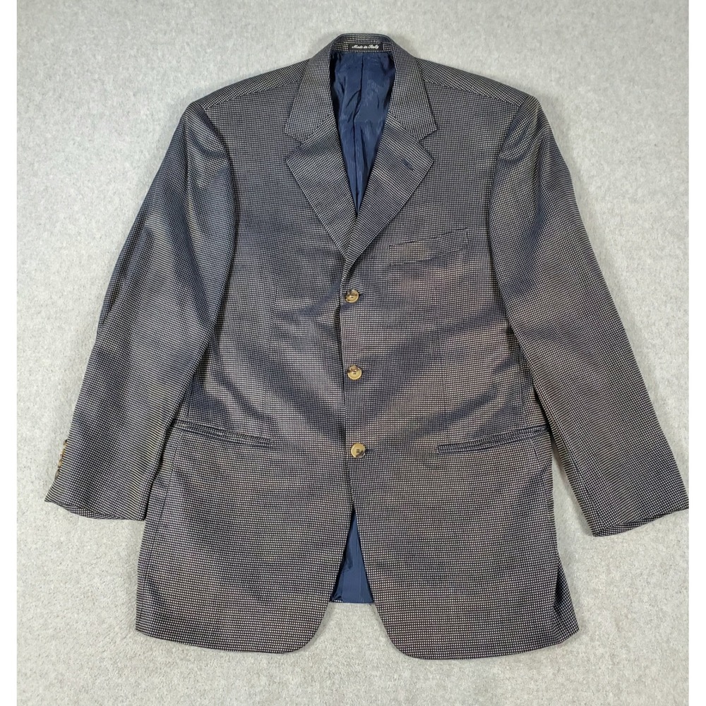 Pal Zileri Italy Silk Wool Blazer Mens 46R Blue Tan Micro Check Sport Coat 3 Btn